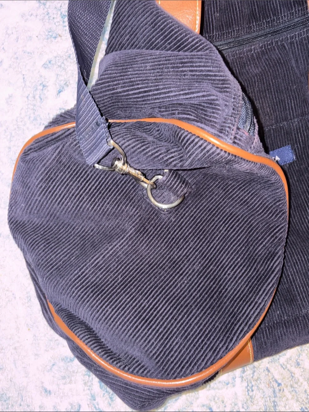 Nautica Navy Corduroy Duffel with Brown Trim and Strap